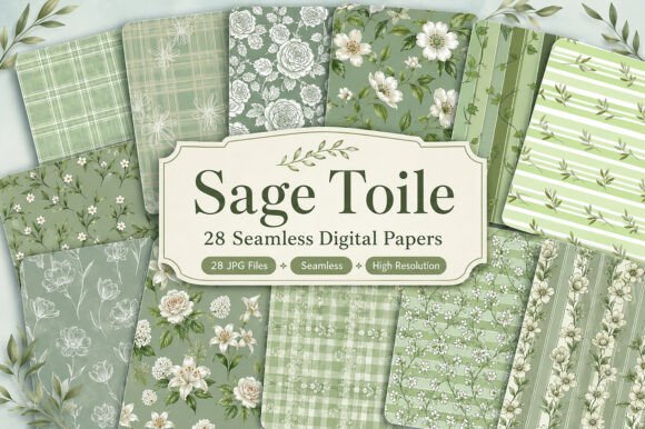 Download Sage Toile Digital Paper Pack, Vintage - Digital Collection