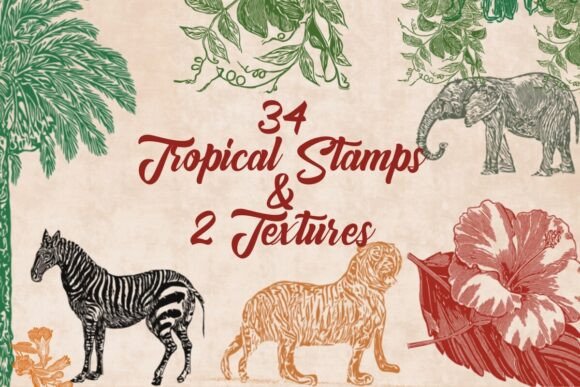 Download 34 Tropical Stamps &amp; 2 Rustic Textures - Stamps Collection