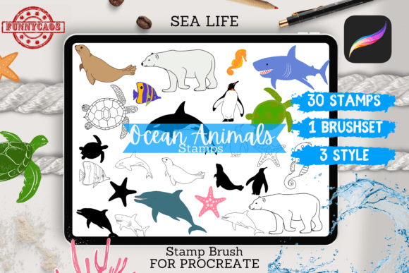 Download Ocean Animals Stamps Brushes Procreate - Stamps Collection