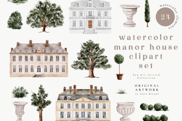 Download Watercolor Manor House Digital Clipart - Digital Collection